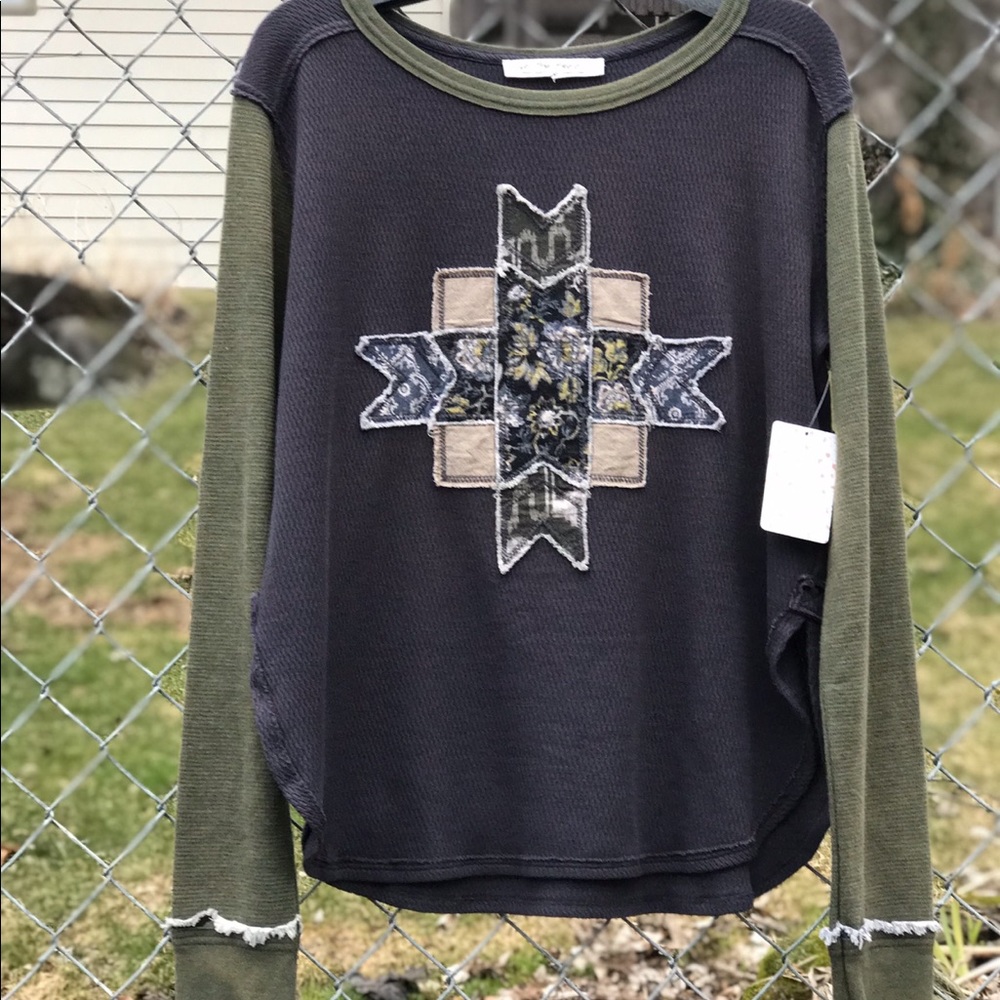 NWT Free People Lonestar Boho Patchwork Waffle Tee - Picture 2 of 7